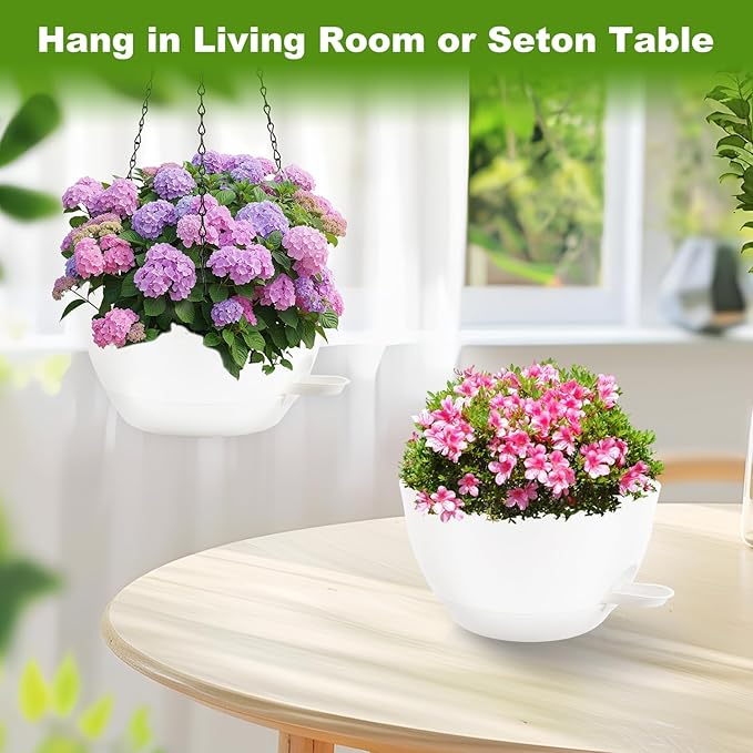 10 inch Hanging Planters for Indoor Plants, 3 Pack Self-Watering Hanging Planter Pots with Chain and Drainage Holes, Outdoor Plastic Hanging Baskets for Garden Home Decor (White, 3pcs/10inch) Rootora