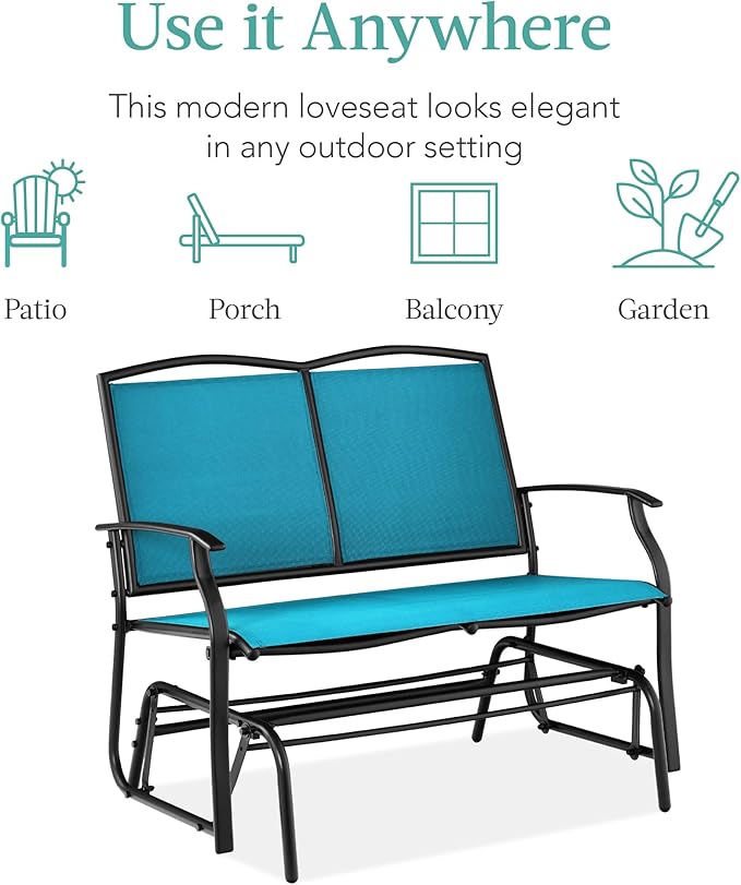 Best Choice Products 2-Person Outdoor Patio Swing Glider Steel Bench Loveseat Rocker for Deck, Porch w/Textilene Fabric, Steel Frame - Peacock Blue/Black BestChoiceProducts