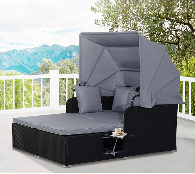 ORALNER Outdoor Daybed, 2-Person Wicker Patio Sofa with Retractable Canopy, Cushions & Pillows, 2 Side Trays, PE Rattan Double Sunbed Lounger for Deck Poolside Backyard Garden Balcony (Gray) ORALNER
