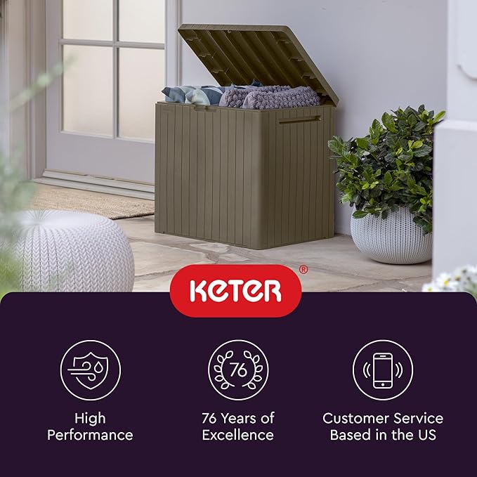 Keter City 30 Gallon Resin Outdoor Storage Box & Patio Side Table for Balcony, Pool, Deck & Garden Accessories, Weather‑Resistant, Mossy Brown Keter
