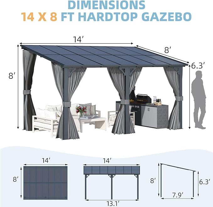 AECOJOY 14' x 8' Gazebo Outdoor Pergola, Hard Top Lean to 8x14 Gazebo with Curtains and Netting, Pergolas and Gazebos Clearance with Patio Roof, Large Wall-Mounted Heavy Duty Awnings for Patio, Decks AECOJOY
