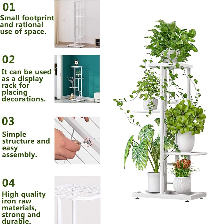 LINZINAR Plant Stand Indoor Outdoor Metal 4 Tier 5 Potted Multiple Flower Pot Holder Shelf Planter Display Shelving Unit for Patio Garden Corner Balcony Living Room (4 Tier 5 Potted, White) LINZINAR