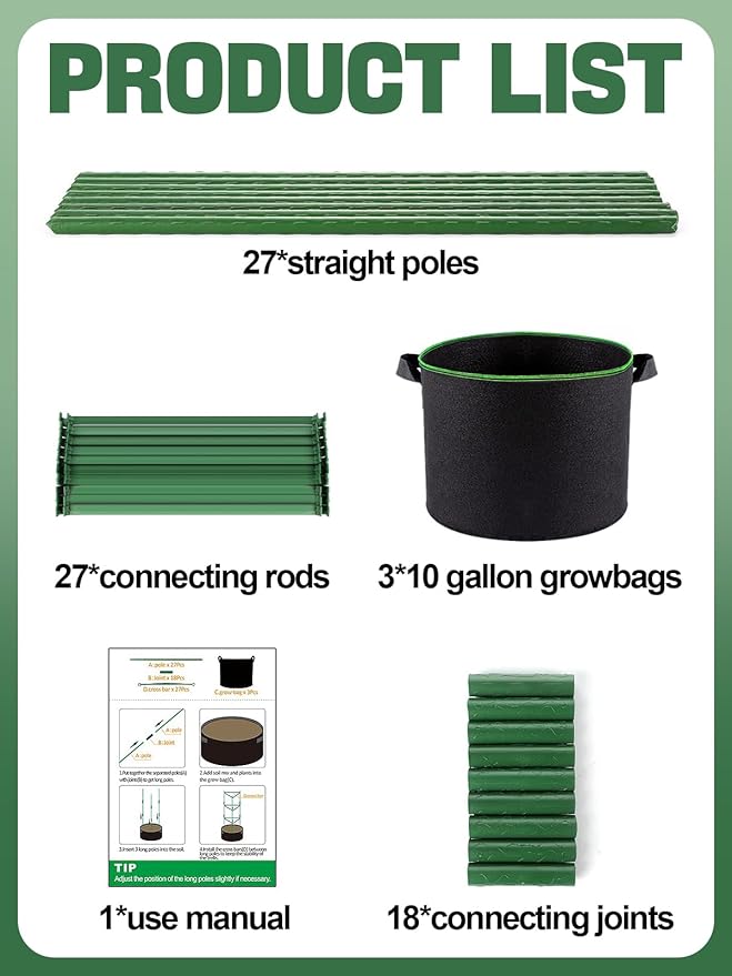 ANPHSIN 3 Sets Tomato Cages with 10 Gallon Grow Bags - 48" Stable Plant Garden Planter, Flowers Vegetable Trellis Pots for Tomato Vertical Climbing Plants Vines ANPHSIN