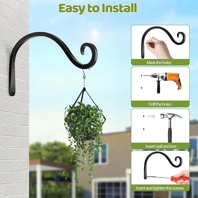 BOLITE Plant Hangers Outdoor Indoor, 12 Inch Wall Plant Hooks, Metal Bird Feeder Hanger for Hummingbird Feeders, Planters, Lanterns, Wind Chimes, Home Decor, 2 Pack, Black, Gifts for Women Men Bolite