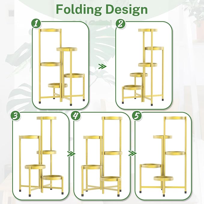 iDavosic.ly Plant Stand Indoor Outdoor, 5 Tier Corner Metal Flower Display Holder Shelf, Easy Assembly Folding Tall Orchid Rack for Patio Balcony Porch Garden Living Room House, Gold iDavosicly
