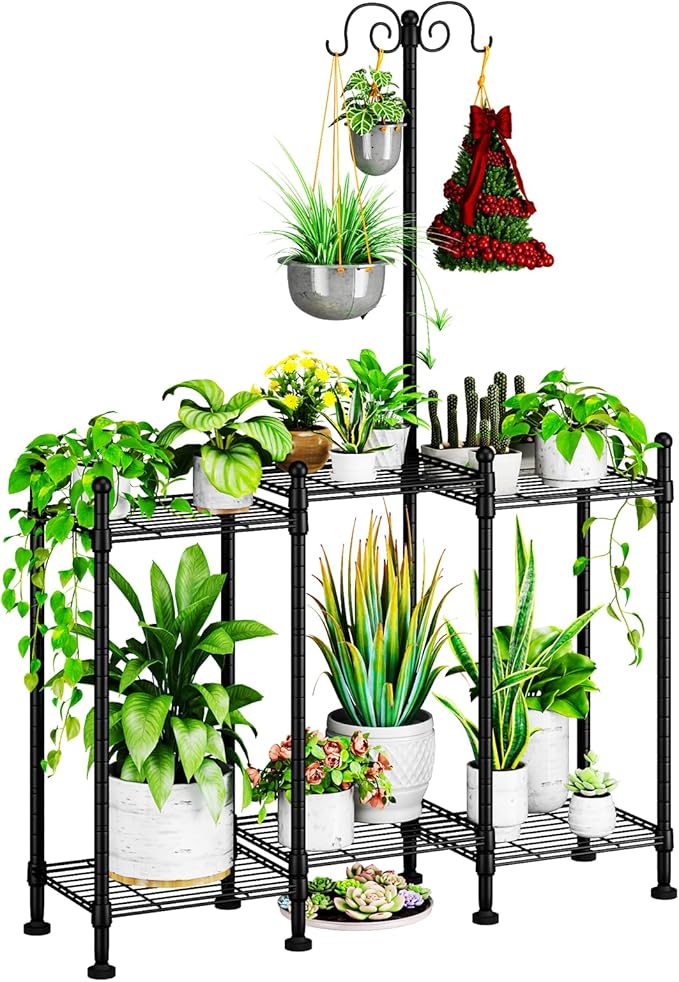 Plant Stand Indoor Outdoor, Heavy Duty Metal Waterproof 6 Tiered Plant Shelf for Multiple Flower Planter Holder Rack, Black - C6 CYXPHION