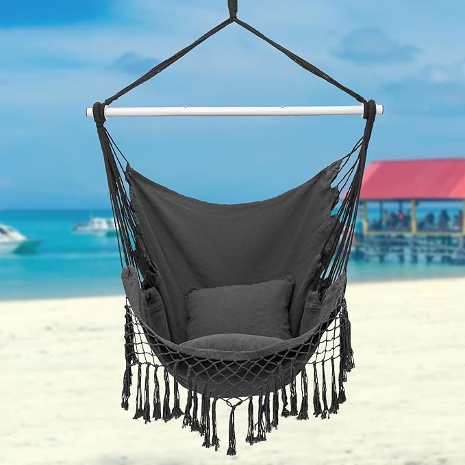 Hammock Chair, Hanging Rope Swing Seat with 2 Cushions,Macrame Hanging Chair Side Pocket with High Load-Bearing Metal Rod,for Indoor, Outdoor, Extra Comfortable (Dark Grey) YAERSI