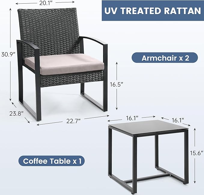 3 Piece Wicker Patio Bistro Set, Rattan Conversation Set with Coffee Table, for Balcony, Porch, Garden, Yard, Poolside, Black Frame with Grey Cushion Murago