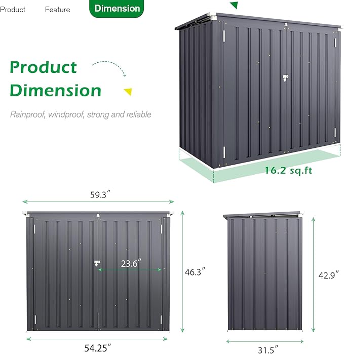 AECOJOY Outdoor Trash Can Storage Shed, 46 Cu.Ft Outside Garbage Can Storage Shed, Dark Grey Outdoor Horizontal Storage Cabinet Waterproof, Bike Sheds & Outdoor Storage Clearance AECOJOY