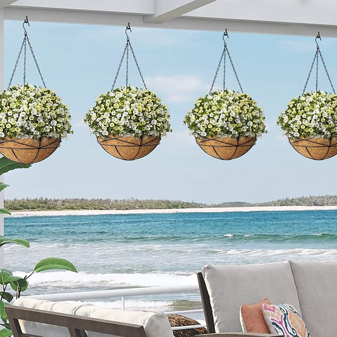 4 Pack 12 Inch Hanging Planters for Outdoor Plants Metal Watering Flower Baskets with Coco Liner for Hanging Pot Round Plant Holders Planter for Outside Garden Decoration KarlliuHOMEGARDEN