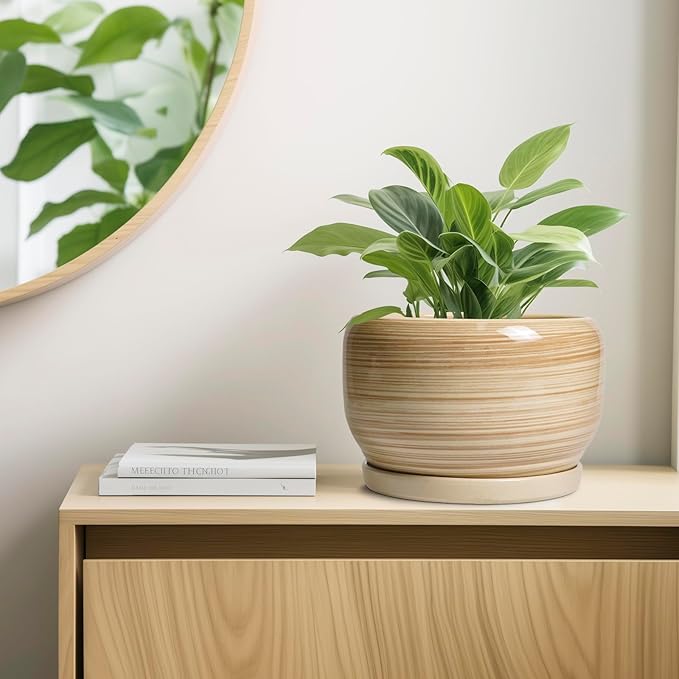 SQOWL Ceramic Plant Pot - 10 Inch Large Planter with Drainage Hole and Saucer, Round Modern Planter for Indoor Plant Outdoor, Decorative Ceramic Flower Pot, Porch Decor, Garden Gift for Women, Yellow SQOWL