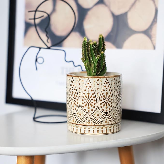 Gepege 4 Inch Small Indoor Succulent Ceramic Planter Pot with Drainage Holes and Saucers for Plants, Birthday for Women Mom Gepege