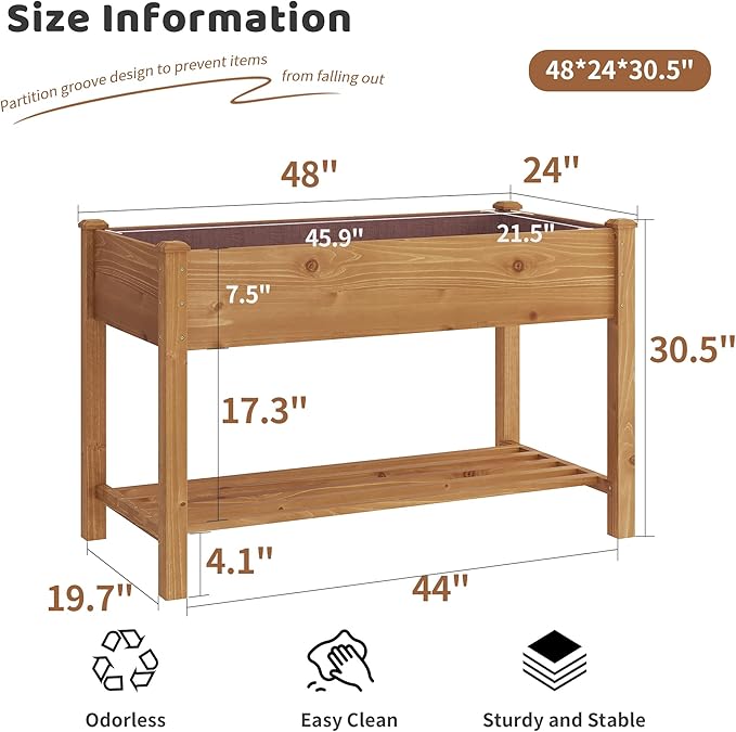 FILWH Raised Garden Bed with Legs Elevated Wooden Planter Box Stand Large Planter Stand Box for Fruits Vegetables Flowers with Divider with Bag - 48 * 24 * 30.5IN(Brown) FILWH