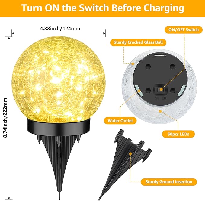 2-Pack Garden Solar Lights Outdoor, Cracked Glass Ball Light Waterproof, Decorative Solar Globe Lights Warm White for Yard Pathway Patio Lawn ASOMST