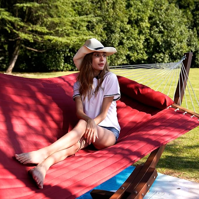 Lazy Daze Hammocks 12 FT Double Quilted Fabric Hammock with Spreader Bar and Detachable Pillow, 2 Person Hammock, 450lbs Weight Capacity, Burgundy LazyDazeHammocks