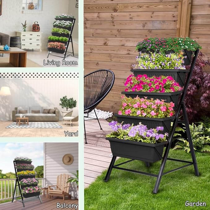 Homdox 5-Tier Elevated Garden Bed with Lockable Caster Wheels - Freestanding Vertical Raised Bed with 5 Garden Planter Boxes- Perfect to Grow Vegetables Herbs Flowers Indoor(Black) HOMDOX