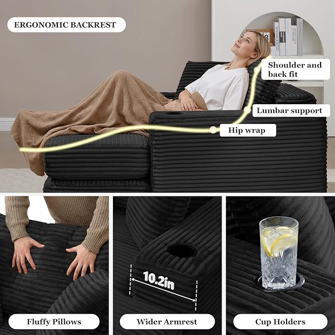 HANXIN 62" Chaise Lounge Chair Indoor, Oversized Corduroy Boneless Convertible Chaise Lounge Couch Sleeper Chair with Ottoman, Deep Seat Reading Chair, No Assembly Required (Black) HANXIN