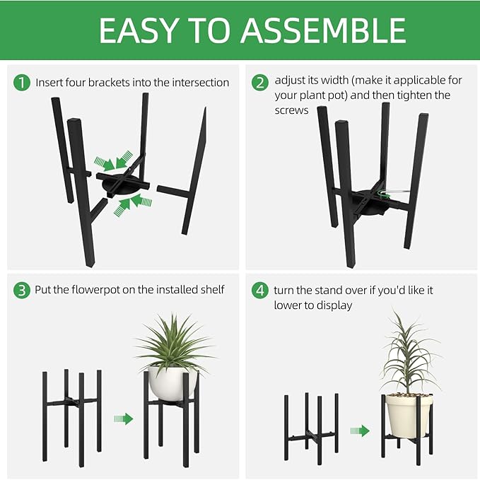 Adjustable Metal Plant Stand Indoor, Mid Century Modern Outdoor Planter Holder for 9 to 15 Inch Pots, Heavy Duty 160 LB Load, Corner Floor Stand for Home Garden Decor Black with Round Plate HomecourtyardsInterio