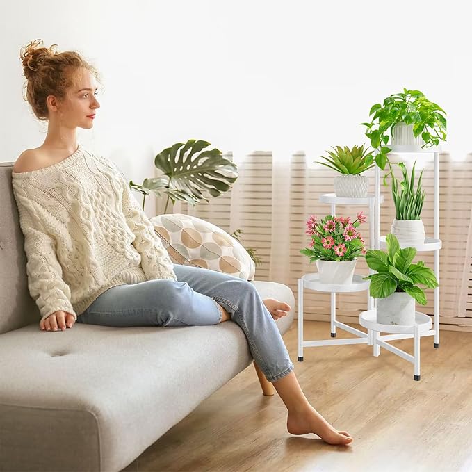 iDavosic.ly 5 Tier Large Plant Stand Indoor with 10 Inch Wide Tray, Tiered Corner Metal Outdoor Flower Display Holder Shelf, Folding Tall Rack for Patio Porch Living Room, White iDavosicly