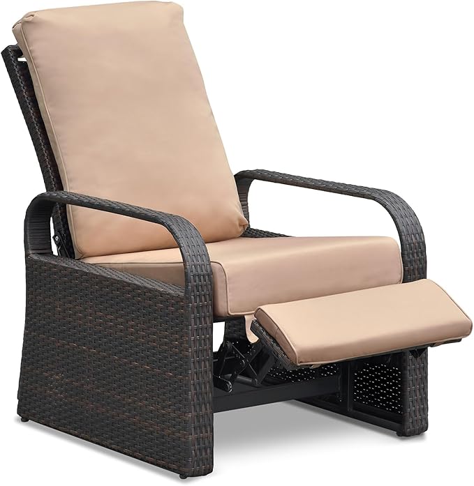 ATR ART TO REAL Outdoor Recliner, Outdoor Wicker Recliner Chair with 5.12'' Cushions, Automatic Adjustable Patio Chaise Lounge Chairs, Aluminum Frame. UV Protected and Rustless (Khaki) ATRARTTOREAL