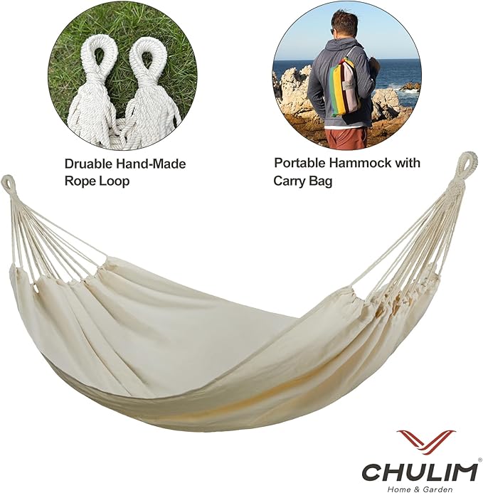 Brazilian Double Hammock with Tree Straps,Extra Large 240x160cm,2 Persons Hammock for Backyard Patio Outdoor and Indoor,450lbs Weight Capacity,Soft Woven Cotton Fabric Natrual White CHULIM