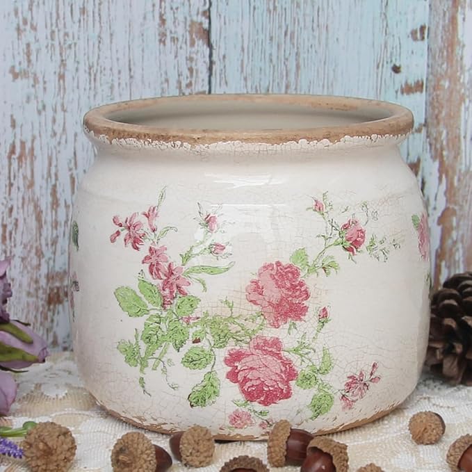 Decorative Pots Spring Decor, Pastel Floral Ceramic Garden Pots with Drainage, 6.29 Inch Pink Vintage Grandma Flower Pots for Indoor Plants & Succulent, Crackle Glaze Pottery Planters, Mom Gifts XiaanJiaju