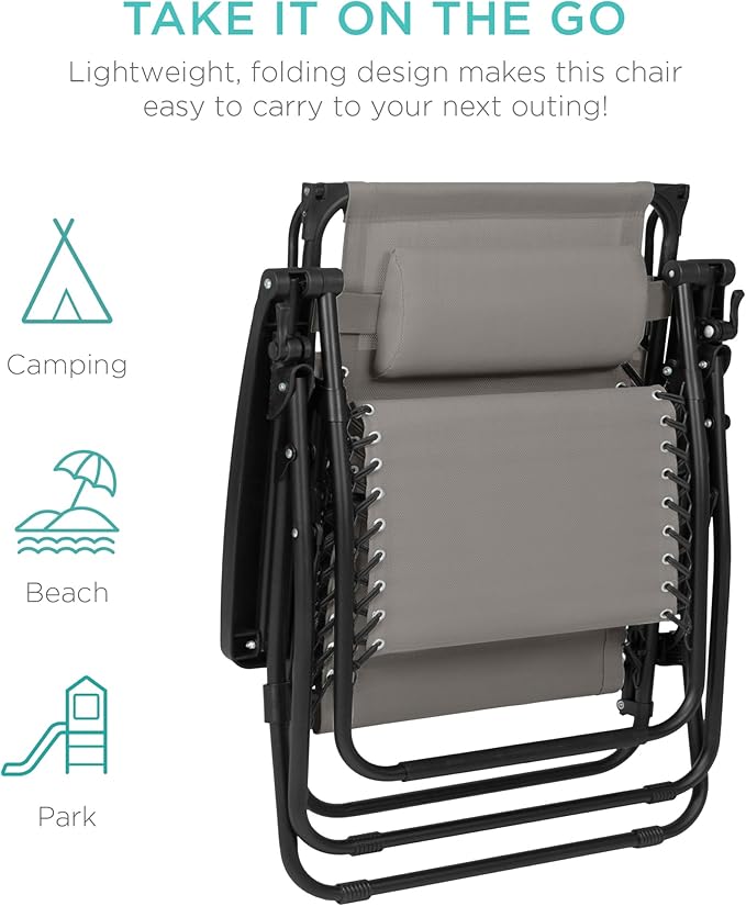 Best Choice Products 30” Wide Folding Zero Gravity Outdoor Recliner Patio Lounge Chair w/Adjustable Canopy Shade, Headrest, Side Accessory Tray - Ice Gray BestChoiceProducts