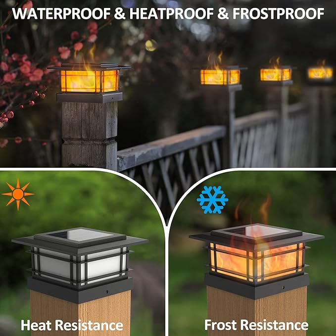 Dynaming 2 Pack Solar Post Cap Lights Outdoor with Flickering Flame Light, Fence Post Solar Lights Fit for 4x4 5x5 6x6 Vinyl/Wooden Posts, High Brightness SMD LED Lighting Decor for Garden Deck Patio Dynaming