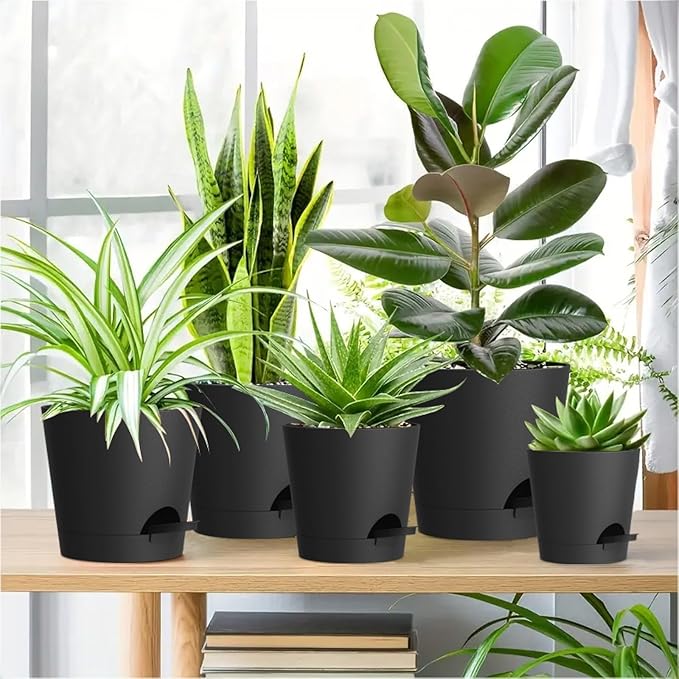 7/6.5/6/5.5/5/4 inch Self Watering Pots for Indoor Outdoor Plants, 6 Pack Plastic Flower Planters with Drainage Holes and Removable Saucers, Plant Pots with Wicking Rope, Modern Decor, Black WSMKSZ