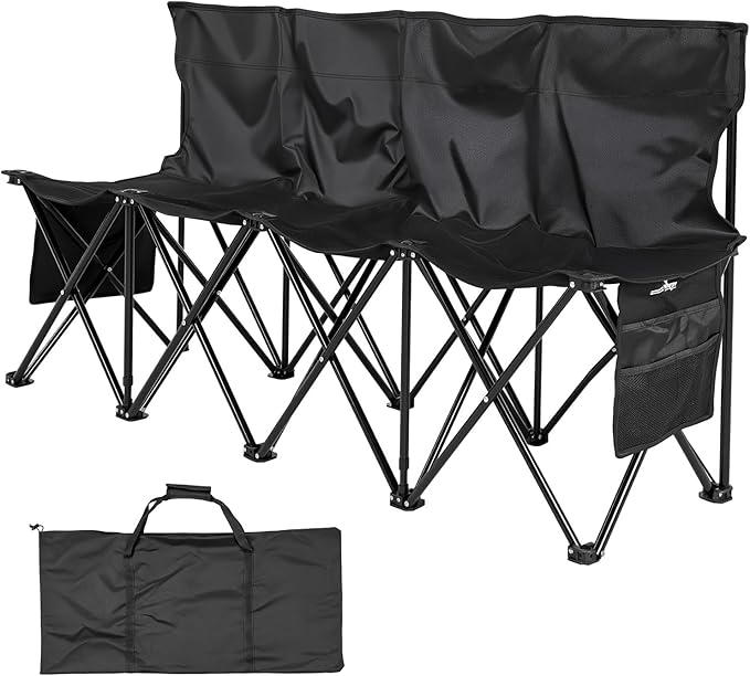VEVOR Portable Folding Bench, 4 Seat Foldable Soccer Bench with Side Pockets and Carrying Bag, Lightweight Sideline Seating with Back Rest for Football, Baseball, Camping, Outdoor Events, Black VEVOR