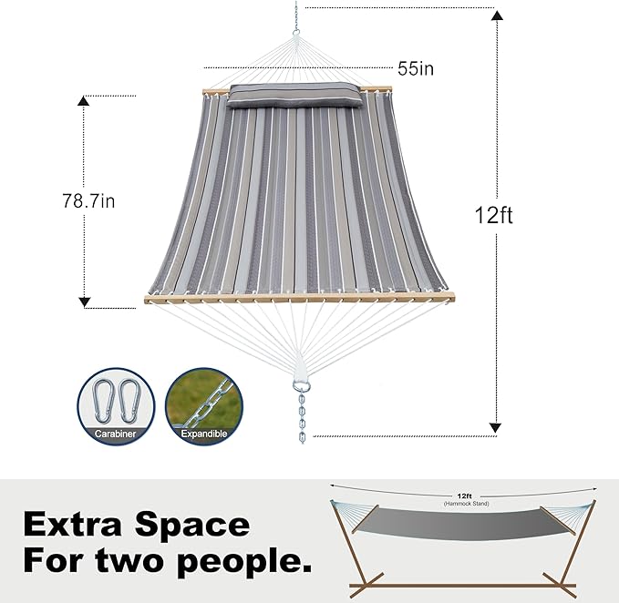 2 Person Hammocks for Outside, Double Quilted Fabric Outdoor Hammock with Spreader Bar, Large Removable Pillow, Storage Pockets, Carabiners, Max 475 lbs Capacity (Peace Dove Grey) GafeteOutdoorLiving