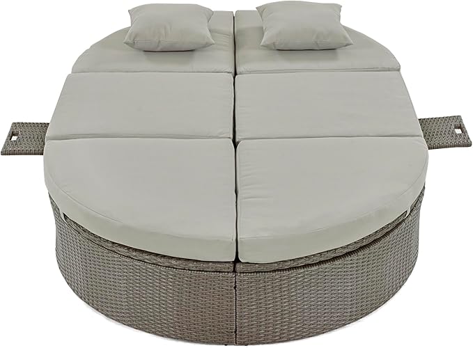 Merax Outdoor Sun Bed Patio 2-Person Daybed with Cushions and Pillows, Rattan Garden Reclining Chaise Lounge with Adjustable Backrests and Foldable Cup Trays for Lawn, Poolside, Grey Merax