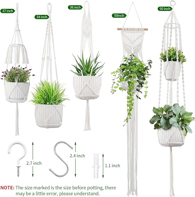 Macrame Plant Hangers, 5Pack Hanging Planters for Indoor Plants w/ 5 Set Hooks Handmade Cotton Rope Hanging Plant Holders Plant Hanger Indoor for Boho Home Decor (Planter Pot Not Included) TAOZIM