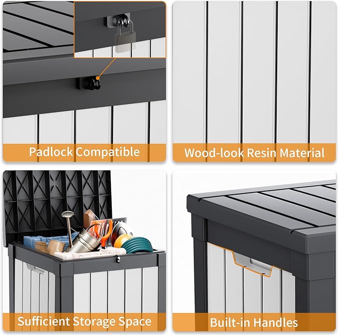 ROJIK Outdoor Storage Housing Deck Box - Waterproof Patio Furniture, Garden Tools, Cushions, Pool Accessories Storage Bench with Lockable Lid and Side Handles (Black & Whiter, 50 Gal) ROJIK