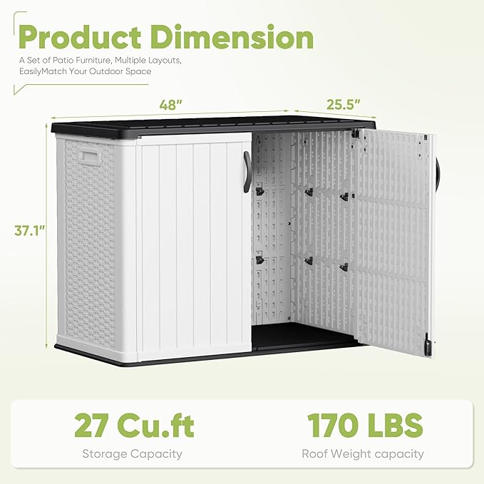 Devoko Outdoor Storage Cabinet 26 Cu Ft with Lockable Doors, Horizontal Storage Shed Waterproof Patio Tools Storage Box for Sofa Cushions, Gardening Tools and Accessories (White) DEVOKO