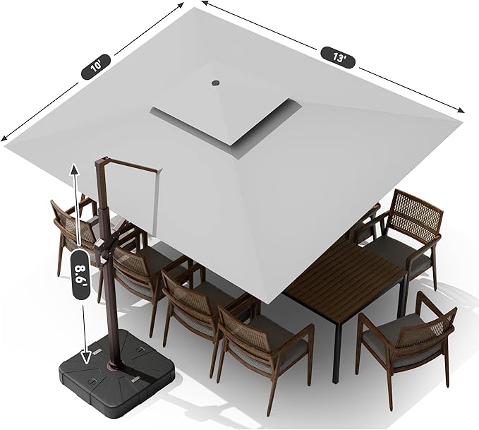 10 X 13 FT Cantilever Outdoor Patio Umbrella with Base Included Large Heavy Duty 360° Rotation Double Top Offset Rectangular Umbrellas with Led Lights for Backyard Outside Deck,Fog Grey MEVBC