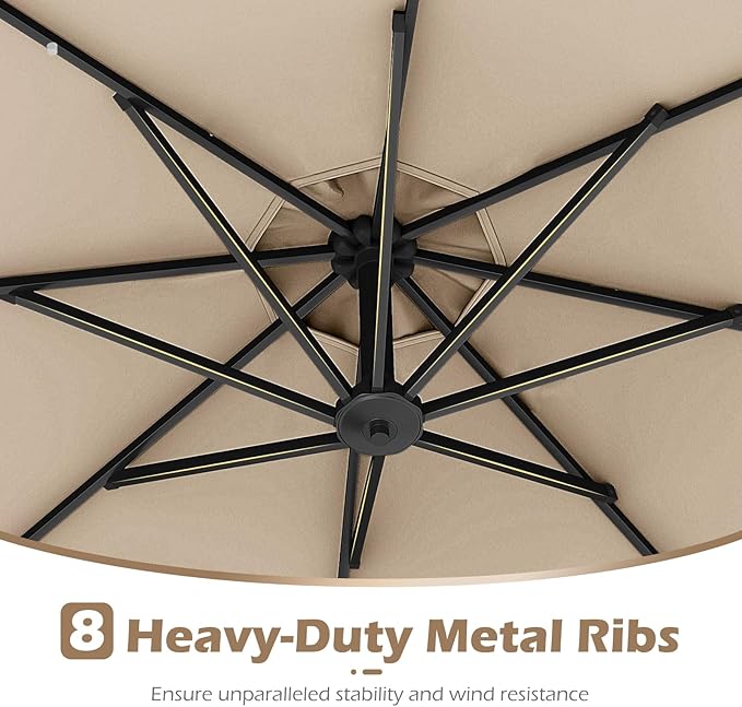 Tangkula 10ft Solar LED Patio Umbrella with Base, Offset Cantilever Outdoor Umbrella with 32 LED Lights, Infinite Tilt, 360 Degree Rotation, Crank Handle for Pool Deck Garden Backyard (Beige) TANGKULA