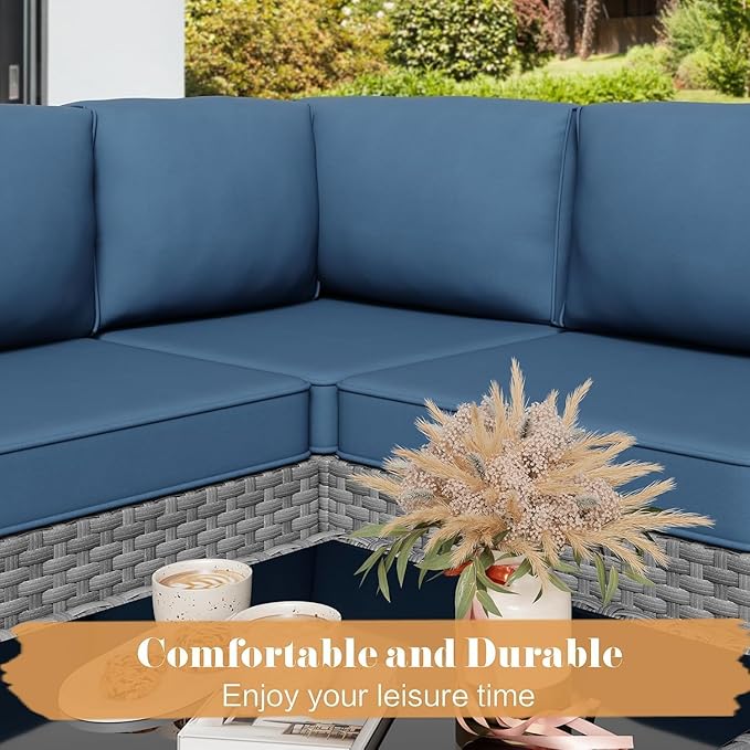 JAMFLY Patio Furniture Sets, 6-Piece Outdoor Patio Furniture with 43'' Propane Gas Fire Pit Table, Wicker Outdoor Conversation Set Sectional Sofa for Backyard, Poolside, Garden(Blue Cushion) JAMFLY