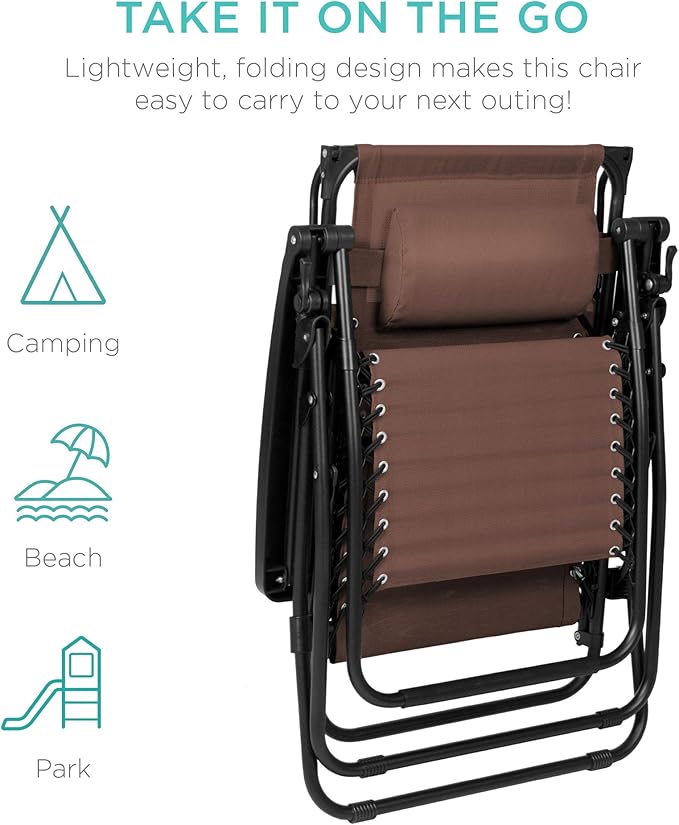 Best Choice Products Folding Zero Gravity Outdoor Recliner Patio Lounge Chair w/Adjustable Canopy Shade, Headrest, Side Accessory Tray, Textilene Mesh - Brown BestChoiceProducts