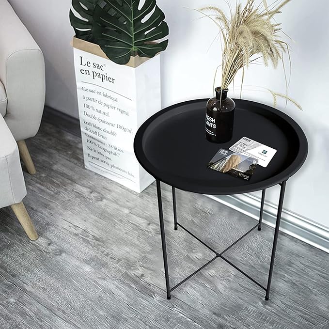 Garden 4 you End Table 2 PCS Metal Side Table Black Round Folding Tray Cyan Sofa Small Accent Fold-able Table, Round End Table Tray, Next to Sofa Table, Snack Table for Living Room and Bed Room Garden4you