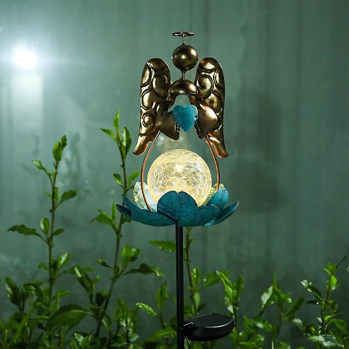 Solar Garden Lights Metal Flower Decor Colorful Solar Pathway Light with LED Cracked Crystal Ball Outdoor Decorative Stake for Patio Yard Lawn Garden Decor (Angel) VCUTEKA