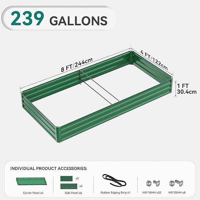 YITAHOME 96x48x12 in 2pcs Galvanized Raised Garden Bed Kit, Large Metal Planter Box with Gloves, Safety Rubber & Support Rod, Outdoor Flower Bed for Plants Vegetables, Green YITAHOME