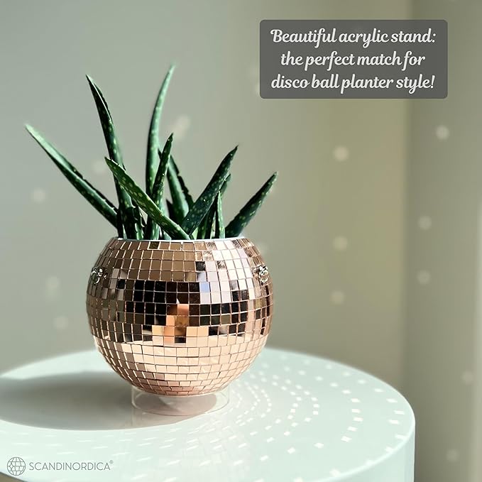 SCANDINORDICA Disco Ball Planter – Value Package: Mirror Disco Planter with Chain, Macrame Hanger and Acrylic Stand for Desk, Includes Self Watering Insert, Quirky Gifts | 6 inch Rose Gold SCANDINORDICA