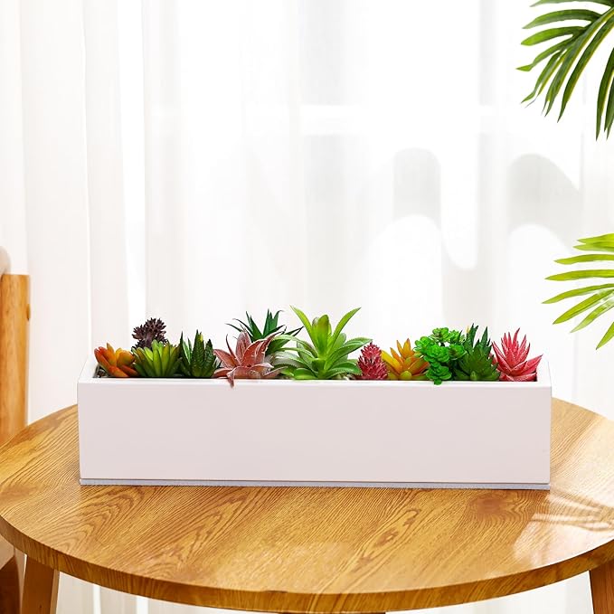 16.1 x 3.2 x 3.5 Inch Long Rectangular Planter Box Window Sill Plant Box Metal Water Trough Indoor Large Modern Steel with Drainage Holes Herb Garden Home(White) FillTouch