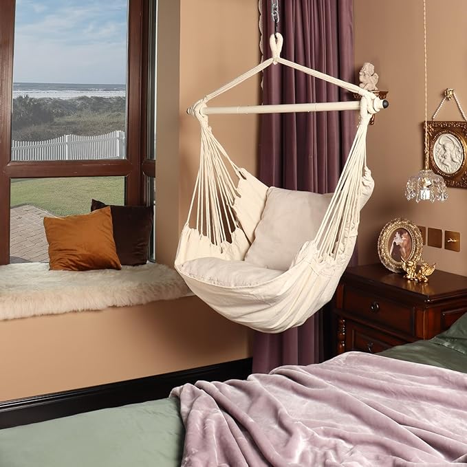 Highwild Hammock Chair Hanging Rope Swing - Max 500 Lbs - 2 Cushions Included - Steel Spreader Bar with Anti-Slip Rings - for Any Indoor or Outdoor Spaces (Beige) Highwild