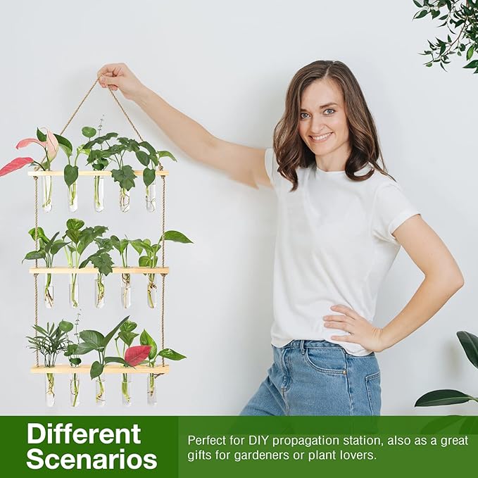 XXXFLOWER Wall Hanging Propagation Station with Wooden Stand 5 Glass Test Tubes 3 Tiers Planters Wall Terrarium for Home Office Plant Hanger Flower Vases Wall Decor Hydroponic Cuttings XXXFLOWER