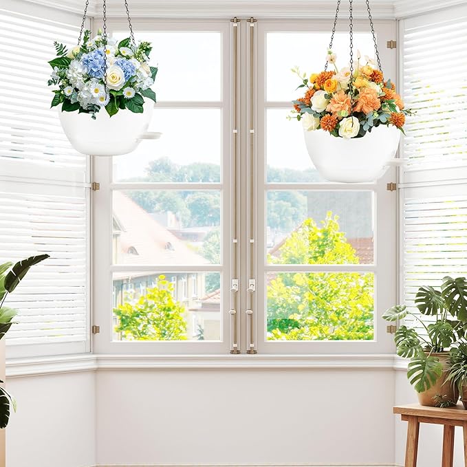 12 inch Hanging Planters for Indoor Plants, 2 Pack Self-Watering Hanging Planter Pots with Chain and Drainage Holes, Outdoor Plastic Hanging Baskets for Garden Home Decor (White, 2pcs/12inch) Rootora