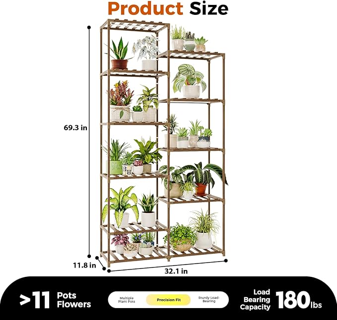 Bamworld Tall Plant Stand with Grow Lights Large Indoor Plant Shelf for Multiple Plants Pots Wood Flower Stand Flower Holder for Living Room, Patio, Balcony, Garden Decor, Brown Bamworld