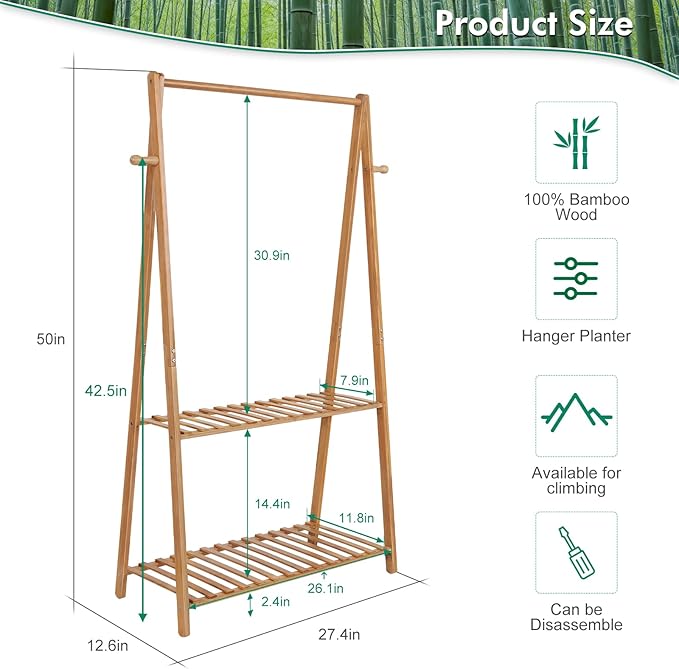 Hanging Plant Shelf Indoor Outdoor Plant Stands Wood Flower Stand 2 Tiered Bamboo Plant Shelves Holder Rack for Patio Balcony Garden (Tall,50 inch) TOVACU
