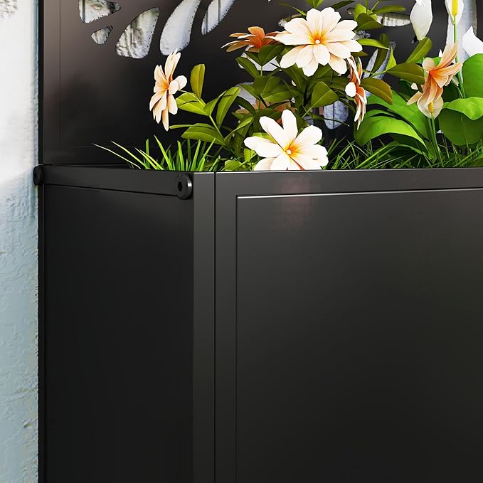 Outsunny Metal Raised Garden Bed with Trellis for Climbing Plants, Freestanding or Wall Mounted Flower Bed with Privacy Panel, Twigs and Leaves Cut-Outs Outdoor Planter Box for Garden, Patio, Balcony Outsunny